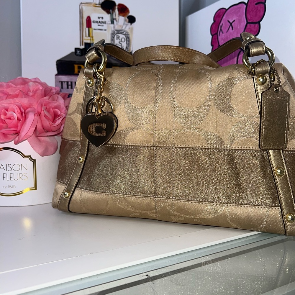 Authentic Coach Lurex Signature Stripe Gold Satchel Handbag - NWOT